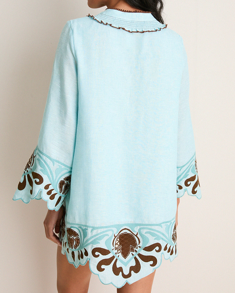 Rafaela Blue Long Sleeve V Neck Mini Dress