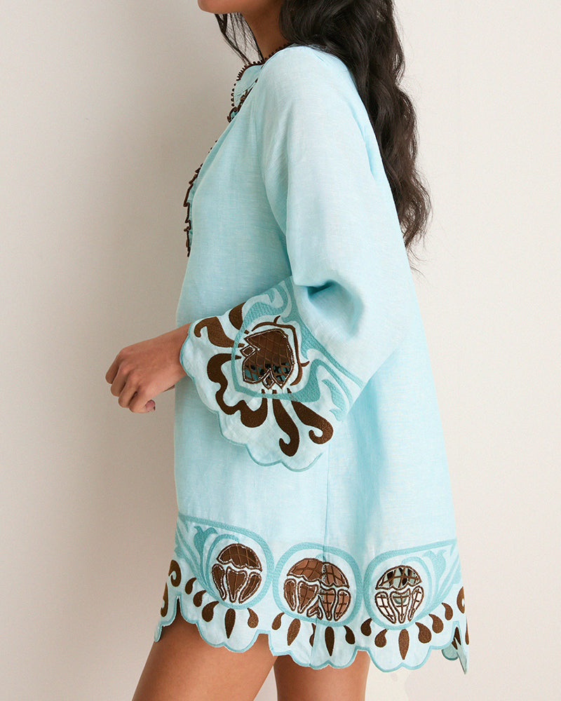 Rafaela Blue Long Sleeve V Neck Mini Dress