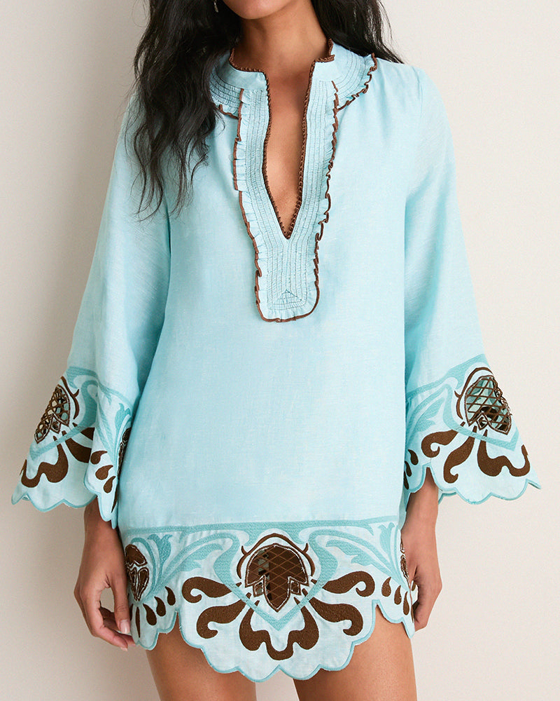 Rafaela Blue Long Sleeve V Neck Mini Dress