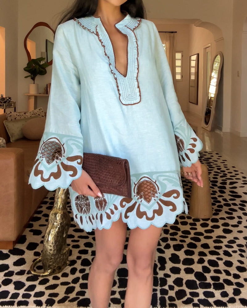 Rafaela Blue Long Sleeve V Neck Mini Dress