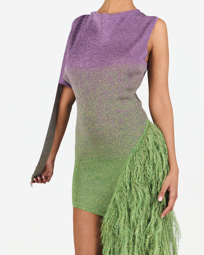 Alondra Multicolor Ombré Asymmetric Fringe Mini Dress