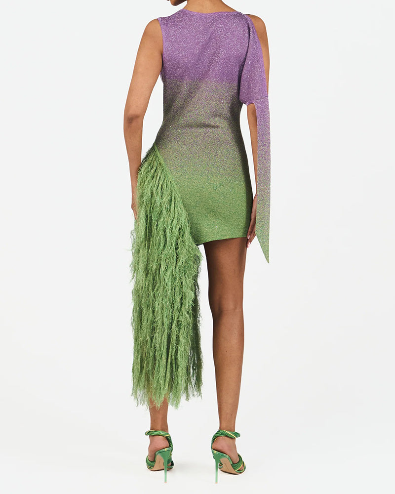 Alondra Multicolor Ombré Asymmetric Fringe Mini Dress