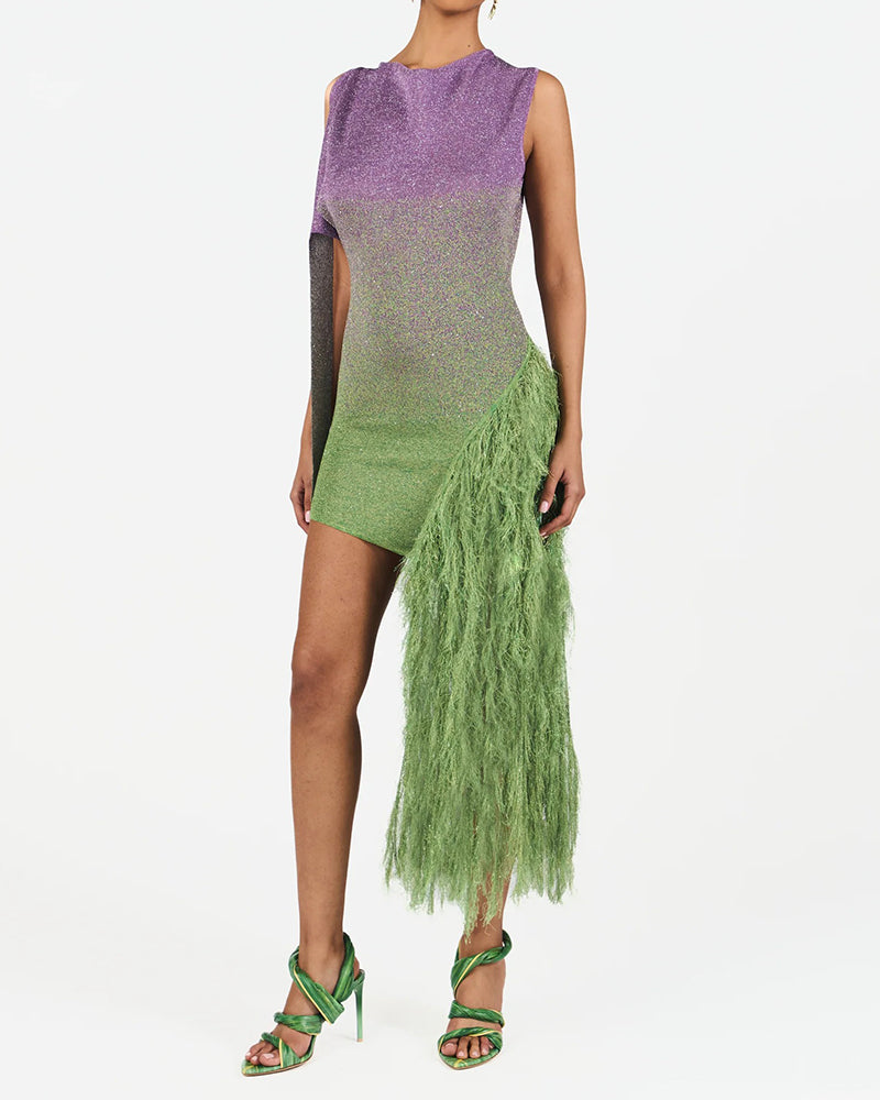 Alondra Multicolor Ombré Asymmetric Fringe Mini Dress