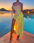 Alondra Multicolor Ombré Asymmetric Fringe Mini Dress