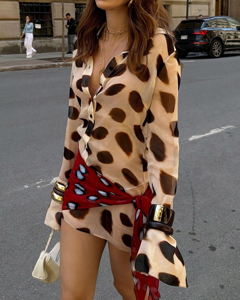 Roselyn Khaki Polka Dot Shirtdress with Tied Sarong Overlay