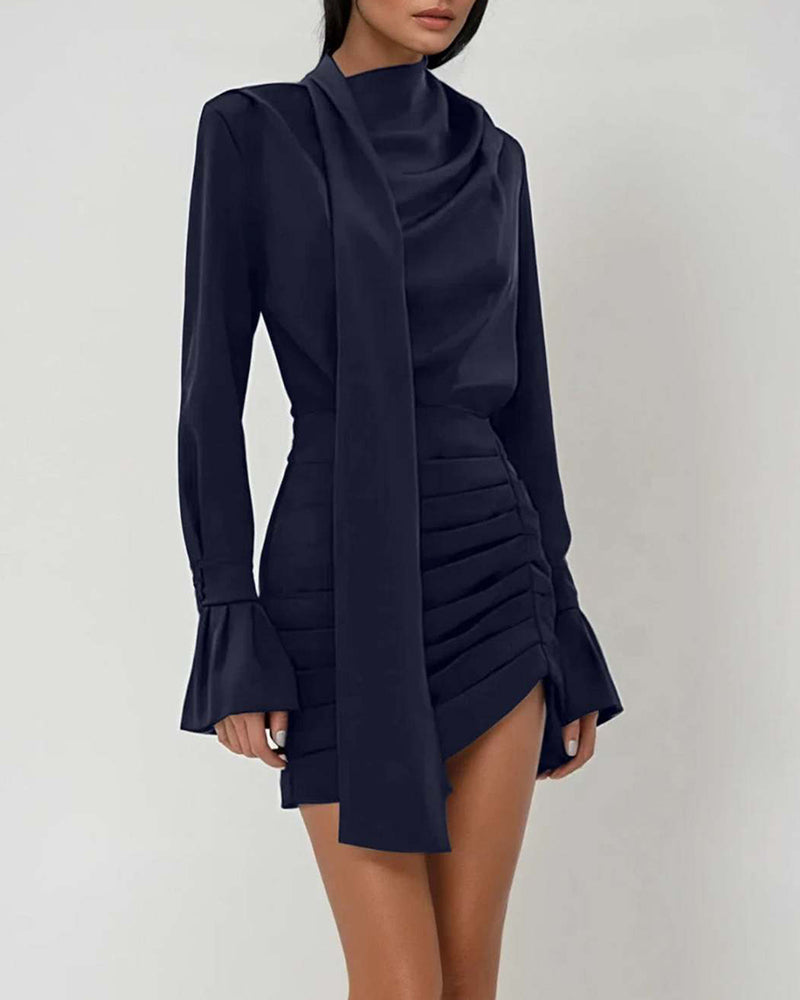 Ingrid Navy Blue High Neck Scarf Detail Ruched Satin Mini Dress