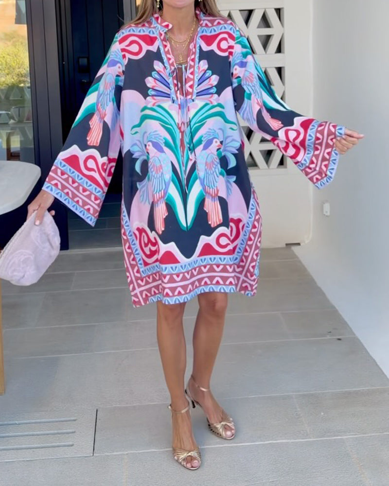 Valeria Red Graphic Printed Long-Sleeve Mini Tunic Dress