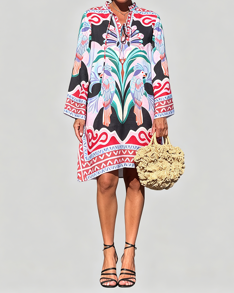 Valeria Red Graphic Printed Long-Sleeve Mini Tunic Dress