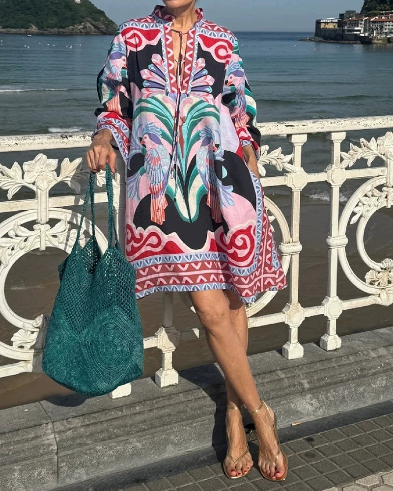 Valeria Red Graphic Printed Long-Sleeve Mini Tunic Dress