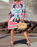 Valeria Red Graphic Printed Long-Sleeve Mini Tunic Dress