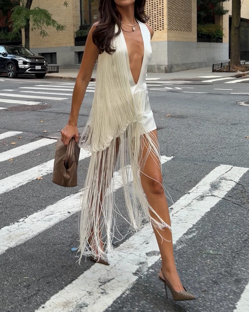 Paloma White Plunging Halter Fringe Mini Dress