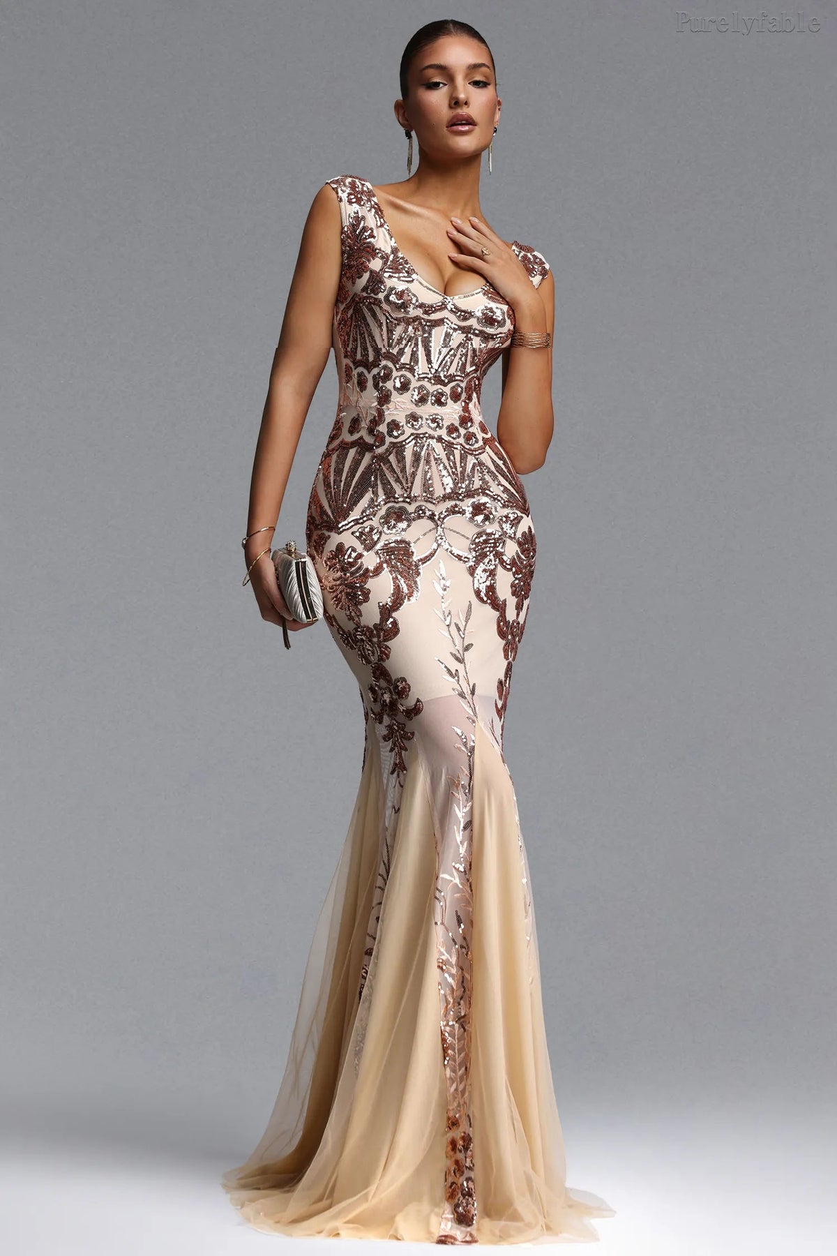 Aurora Gold Sequined Double-Shoulder Dress