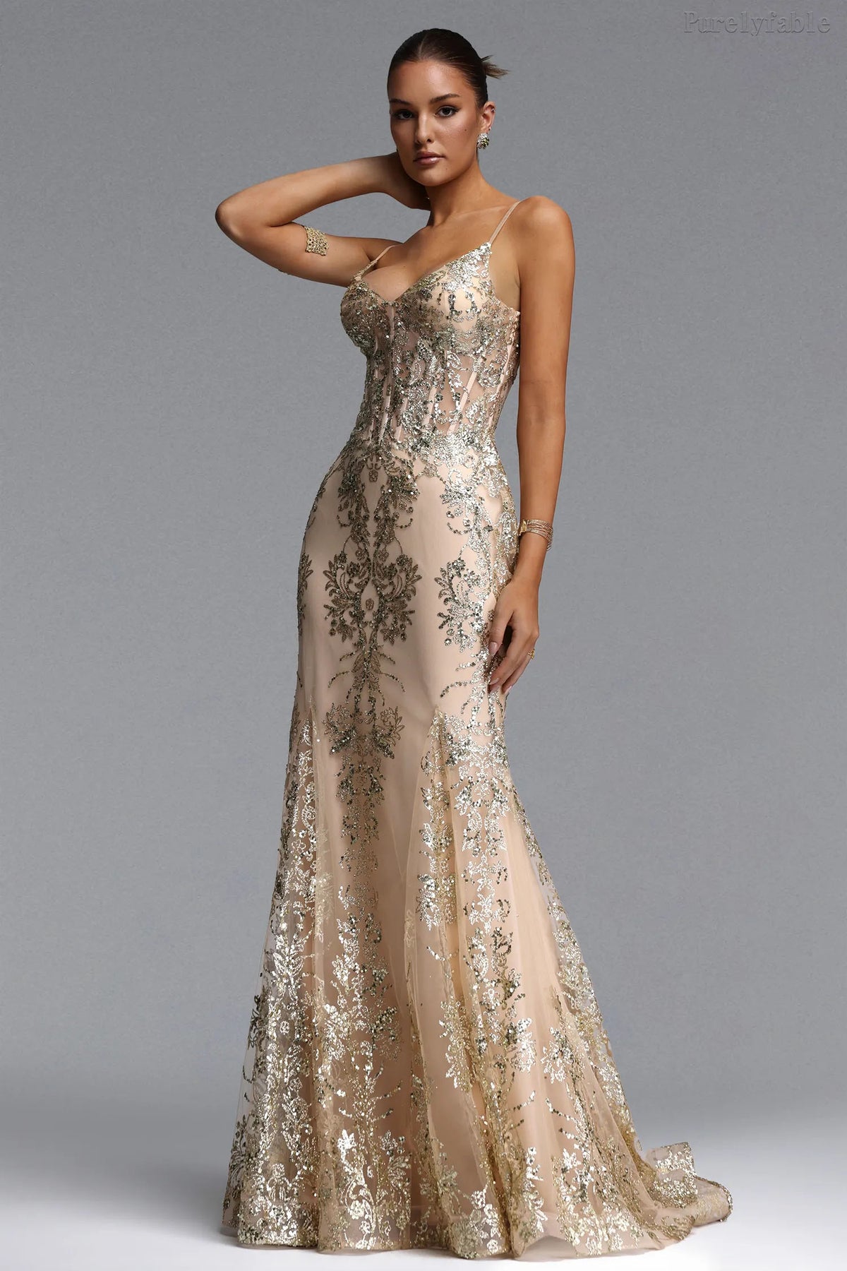 Vivian Champagne Floral Embroidered Dress