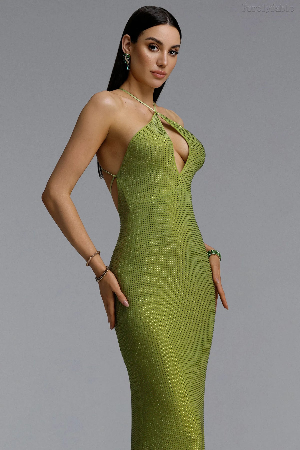 Aleah Green Backless Sparkling Rhinestone Dress