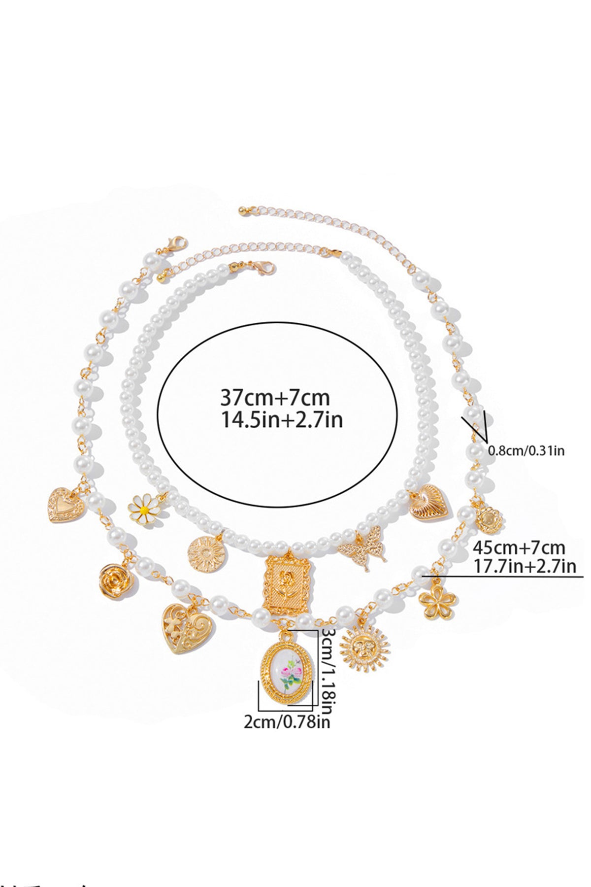 Heart Pendants Layered Pearl Necklace Set